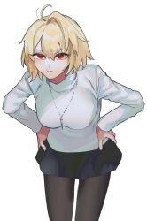 Rule 34 | 1girl, :t, ahoge, arcueid brunestud, black pantyhose, black skirt, blonde hair, blush, breasts, commentary request, cowboy shot, double-parted bangs, eyes visible through hair, hair between eyes, hands on own hips, highres, jewelry, large breasts, leaning forward, long bangs, looking at viewer, miniskirt, necklace, pantyhose, partial commentary, pout, red eyes, short hair, simple background, skirt, slit pupils, solo, sweater, toura higashi, tsukihime, turtleneck, turtleneck sweater, white background, white sweater