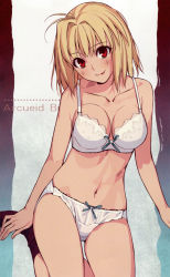 Rule 34 | 00s, 1girl, :p, absurdres, arcueid brunestud, bare shoulders, blonde hair, bow, bow bra, bow panties, bra, breasts, character name, cleavage, highres, large breasts, looking at viewer, morii shizuki, navel, panties, red eyes, short hair, sitting, smile, socks, solo, tongue, tongue out, tsukihime, type-moon, underwear, underwear only, white panties