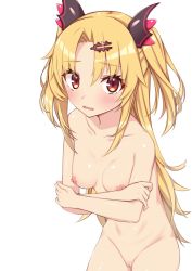 Rule 34 | 1girl, akatsuki uni, bare shoulders, blonde hair, blush, breasts, cleft of venus, collarbone, cowboy shot, crossed arms, fang, fuji yoshida, hair ornament, hairclip, highres, long hair, navel, nipples, nude, open mouth, parted bangs, purple eyes, pussy, simple background, small breasts, solo, stomach, thighhighs, thighs, twintails, two side up, uncensored, uni create, virtual youtuber