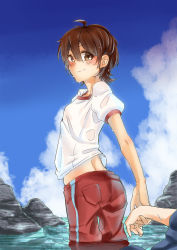 Rule 34 | 1girl, barakamon, beach, blush, breasts, brown hair, day, gym uniform, holding hands, handa seishuu, highres, japanese clothes, jinbei (clothes), looking back, outdoors, pants, rock, short hair, small breasts, smile, toriol 3, track pants, wading, water, wet, yamamura miwa
