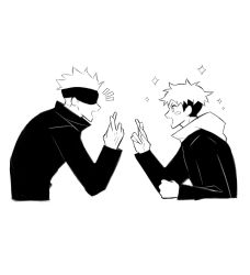 Rule 34 | 2boys, black jacket, blindfold, claireiosity, crossed fingers, fingers together, gakuran, gojou satoru, hair up, hand signs, highres, hood, hood down, hoodie, itadori yuuji, jacket, jujutsu kaisen, light blush, long sleeves, looking at another, male focus, monochrome, multicolored hair, multiple boys, nose, open mouth, profile, school uniform, short hair, sleeves past elbows, sparkle, sparkling eyes, teacher and student, two-tone hair, undercut, white background