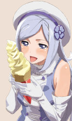Rule 34 | 10s, 1girl, aila jyrkiainen, bare shoulders, beret, blue eyes, blush, breasts, elbow gloves, food, fur trim, gloves, gundam, gundam build fighters, hat, ice cream, long hair, open mouth, silver hair, smile, solo, tetsujin momoko, tongue, tongue out, white gloves