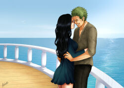 Rule 34 | 1boy, 1girl, alternate costume, black hair, closed eyes, closed mouth, commentary, dress, earrings, english commentary, face-to-face, green hair, highres, jewelry, kasaku, long hair, nico robin, ocean, one piece, outdoors, roronoa zoro, scar, scar across eye, scar on face, ship, short hair, signature, single earring, teeth, water, watercraft