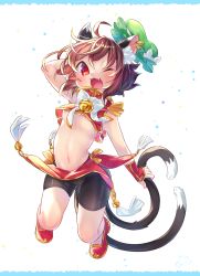 Rule 34 | 1girl, ;3, animal ear fluff, animal ears, bike shorts, breasts, brown hair, cat ears, cat tail, chen, chinese clothes, crop top, earrings, fang, full body, grabbing, green hat, hat, highres, ibaraki natou, jewelry, looking at viewer, medium hair, multiple tails, navel, one eye closed, open mouth, red eyes, red footwear, red skirt, shoes, skirt, sleeveless, small breasts, smile, solo, stomach, tail, tail grab, touhou, two tails, underboob, white background