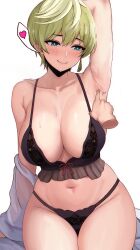 Rule 34 | 1girl, 1other, absurdres, arm behind head, arm up, armpits, blonde hair, blue eyes, bra, breasts, cleavage, collarbone, earrings, edmun6969, green hair, highres, izumo tenka, jewelry, lace, lace-trimmed bra, lace-trimmed panties, lace trim, large breasts, mato seihei no slave, navel, panties, presenting armpit, short hair, smile, stomach, thighs, underwear