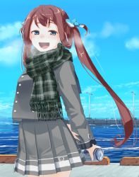 Rule 34 | 1girl, :d, asagumo (kancolle), blue eyes, brown hair, can, cowboy shot, green scarf, grey jacket, grey skirt, hair ribbon, holding, holding can, jacket, kantai collection, long hair, looking at viewer, open mouth, plaid, plaid scarf, pleated skirt, ribbon, scarf, skirt, smile, solo, takuzui, twintails