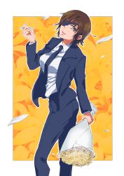 Rule 34 | 1girl, bad id, bad pixiv id, black necktie, black suit, bouquet, brown eyes, brown hair, chainsaw man, cigarette, eyepatch, flower, formal, highres, himeno (chainsaw man), holding, holding bouquet, namidame (mext), necktie, office lady, short hair, simple background, solo, standing, suit