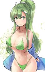 Rule 34 | 1girl, alternate hairstyle, bare shoulders, bikini, blue jacket, blush, breasts, collarbone, commentary request, cowboy shot, frog hair ornament, green bikini, green eyes, green hair, groin, hair between eyes, hair ornament, halterneck, highres, jacket, kochiya sanae, large breasts, lens flare, long hair, long sleeves, looking at viewer, navel, off shoulder, one-hour drawing challenge, ponytail, sidelocks, simple background, smile, snake hair ornament, solo, sparkle, standing, stomach, swimsuit, thighs, touhou, very long hair, white background, y2
