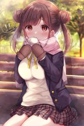 Rule 34 | !, 1girl, baozi, beige cardigan, bench, black jacket, black skirt, blush, breath, brown eyes, brown hair, brown mittens, cardigan, commentary request, day, double bun, eating, food, hair bun, highres, holding, holding food, idolmaster, idolmaster shiny colors, jacket, long sleeves, looking at viewer, mittens, outdoors, park bench, pink scarf, plaid, plaid skirt, pleated skirt, scarf, shirt, short twintails, sitting, skirt, solo, sonoda chiyoko, sorashima (117), spoken exclamation mark, tree, twintails, white shirt