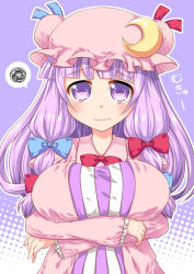 Rule 34 | 1girl, blush, bow, breasts, crescent, crescent hair ornament, crossed arms, female focus, hair bow, hair ornament, hat, large breasts, mukyuu, patchouli knowledge, purple eyes, solo, touhou, yukari yukke