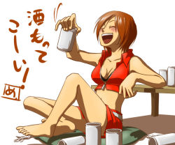 Rule 34 | 1girl, alcohol, barefoot, blush, breasts, can, drunk, junji, laughing, meiko (vocaloid), pencil skirt, sake, simple background, sitting, skirt, solo, translated, vocaloid