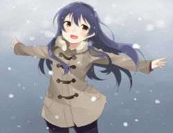 Rule 34 | 1girl, bad id, bad pixiv id, blue hair, blush, coat, commentary request, cowboy shot, fur trim, hair between eyes, highres, long hair, looking at viewer, love live!, love live! school idol festival, love live! school idol project, open mouth, outstretched arms, smile, snow, snowing, solo, sonoda umi, spread arms, totoki86, winter, winter clothes, winter coat, yellow eyes