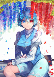 Rule 34 | 1girl, blue eyes, blue flower, blue hair, blue skirt, blue vest, blurry, blurry background, breasts, collared shirt, cross-laced clothes, depth of field, falling petals, feet out of frame, flower, hair between eyes, heterochromia, highres, jichou senshi, juliet sleeves, karakasa obake, large breasts, light smile, long sleeves, looking at viewer, parted lips, petals, puffy sleeves, red eyes, red flower, shirt, simple background, sitting, skirt, solo, tatara kogasa, touhou, umbrella, vest, white shirt, wisteria