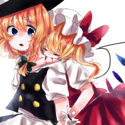 Rule 34 | 2girls, apron, biting, black headwear, black vest, blonde hair, blood, blue eyes, bow, braid, breasts, closed eyes, cowboy shot, flandre scarlet, hat, hat bow, kirisame marisa, kuromame1025, looking at another, medium hair, mob cap, multicolored wings, multiple girls, neck biting, one side up, open mouth, puffy short sleeves, puffy sleeves, red bow, red skirt, red vest, shirt, short sleeves, simple background, single braid, skirt, skirt set, small breasts, touhou, vest, waist apron, white apron, white background, white headwear, white shirt, wings, witch hat, wrist cuffs, yuri