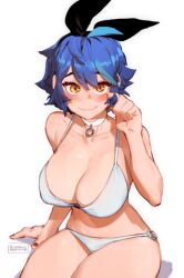 Rule 34 | 1girl, ahoge, bare arms, bare shoulders, bikini, black hairband, black ribbon, blue hair, blush, borrowed character, breasts, cleavage, closed mouth, commentary, dif (difman), hair between eyes, hair ribbon, hairband, hand up, kollerss, large breasts, looking at viewer, multicolored hair, o-ring, o-ring bikini, o-ring bottom, orange eyes, original, ribbon, shadow, simple background, sitting, smile, solo, streaked hair, swimsuit, white background, white bikini