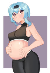 Rule 34 | 1girl, belly, black shirt, black shorts, blue hair, breasts, eula (genshin impact), genshin impact, gym shorts, hand on own stomach, highres, looking at viewer, medium breasts, ppalitexx, pregnant, purple eyes, shirt, shorts, solo, stomach