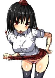 Rule 34 | 1girl, black hair, black thighhighs, blush, bow, bow panties, breasts, closed mouth, clothes lift, collared shirt, condom, condom in mouth, condom wrapper, cowboy shot, greatmosu, grin, hair between eyes, hand on own hip, hat, highres, holding, holding condom, leaning forward, lifting own clothes, looking at viewer, medium breasts, mouth hold, panties, pink panties, plaid, plaid skirt, red eyes, red ribbon, red skirt, ribbon, shameimaru aya, shirt, short hair, short sleeves, simple background, sketch, skirt, skirt lift, smile, solo, thighhighs, tokin hat, touhou, underwear, white background, white shirt