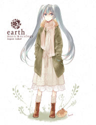 Rule 34 | 1girl, aqua eyes, aqua hair, artist name, boots, rabbit, casual, coat, dress, hands in pockets, hatsune miku, highres, inko (mini), long hair, looking at viewer, scarf, scrunchie, socks, solo, standing, twintails, very long hair, vocaloid