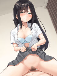 1girl black_hair black_pubic_hair blue_bra bra censored closed_mouth clothed_female_nude_male clothes_lift collared_shirt commentary_request cowgirl_position female_pubic_hair girl_on_top green_eyes highres indoors lifted_by_self long_hair meow_(nekodenki) mosaic_censoring navel no_panties nude original plaid plaid_skirt pubic_hair school_uniform sex shirt short_sleeves skirt skirt_lift smile straddling sweat underwear vaginal white_shirt