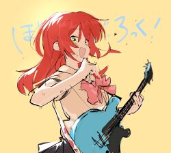 Rule 34 | 1girl, absurdres, black skirt, blush stickers, bocchi the rock!, bow, bowtie, electric guitar, green eyes, guitar, highres, holding, holding instrument, instrument, kita ikuyo, long hair, nangnangnang, open mouth, pleated skirt, red bow, red bowtie, red hair, school uniform, short sleeves, shuka high school uniform, simple background, skirt, smile, solo, upper body, yellow background
