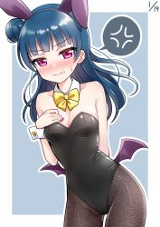 Rule 34 | 1girl, anger vein, animal ears, arm behind back, black leotard, black pantyhose, blue background, blue hair, blush, bow, bowtie, breasts, cleavage, cowboy shot, dated, deadnooodles, detached collar, fake animal ears, hair bun, hand on own chest, highres, leotard, long hair, love live!, love live! sunshine!!, medium breasts, nail polish, nose blush, outline, pantyhose, playboy bunny, purple eyes, purple nails, rabbit ears, side bun, simple background, single side bun, solo, spoken anger vein, strapless, strapless leotard, sweatdrop, tsushima yoshiko, v-shaped eyebrows, white outline, wings, wrist cuffs, yellow bow, yellow bowtie