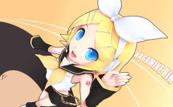 Rule 34 | 1girl, blonde hair, blue eyes, cait aron, detached sleeves, female focus, foreshortening, from above, hair ornament, hairpin, headset, kagamine rin, shorts, solo, vocaloid