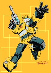 Rule 34 | 1boy, autobot, bumblebee, dated, gun, highres, holding, holding gun, holding weapon, horns, insignia, kamizono (spookyhouse), male focus, no humans, open hand, open mouth, solo, transformers, weapon, yellow background