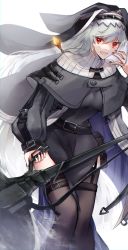 Rule 34 | 1girl, :d, absurdres, amadzuka midori, arknights, belt, black belt, black dress, black headwear, black thighhighs, breasts, capelet, circular saw, coat, dress, feet out of frame, garter straps, grey capelet, grey hair, habit, hair between eyes, hand up, highres, holding, holding weapon, huge filesize, jewelry, long hair, looking away, looking to the side, nail polish, necklace, nun, off shoulder, open clothes, open coat, open mouth, pelvic curtain, pouch, purple nails, red eyes, ribbed sweater, saw, sideways glance, signature, small breasts, smile, solo, specter (arknights), sweater, thighhighs, turtleneck, turtleneck sweater, weapon, white background, white sweater