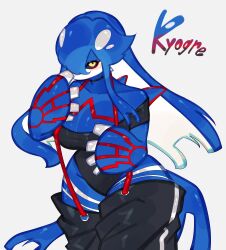 Rule 34 | black sclera, blue hair, blue skin, breasts, cleavage, colored sclera, colored skin, creatures (company), fins, game freak, gen 3 pokemon, highres, kyogre, large breasts, legendary pokemon, leotard, long hair, looking at viewer, multicolored hair, nintendo, off shoulder, pokemon, pokemon (creature), red markings, suspenders, thick thighs, thighs, togetoge, white hair, wide hips, yellow eyes