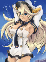 Rule 34 | 1girl, armpits, arms up, azur lane, belt, belt buckle, black belt, blonde hair, blue eyes, blue necktie, blue sky, breasts, buckle, buttons, cleavage, closed mouth, day, dress, eyebrows, facing away, hair between eyes, hat, highres, legs together, lips, long hair, long sleeves, looking away, medium breasts, microdress, mishiro shinza, motion lines, musical note, necktie, no bra, outdoors, panties, peaked cap, pink lips, quaver, sky, smile, solo, strapless, strapless dress, tennessee (azur lane), thigh strap, translation request, twitter username, underwear, white dress, white hat, white panties