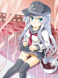Rule 34 | 1girl, aqua eyes, between legs, black thighhighs, blush, bowl, chocolate, closed mouth, clothes lift, collarbone, commentary request, from above, gift, happy valentine, hat, hibiki (kancolle), kantai collection, knees together feet apart, lifted by self, long hair, long sleeves, looking at viewer, neckerchief, no panties, obligation chocolate, pleated skirt, sailor collar, school uniform, serafuku, sexually suggestive, sitting, skirt, skirt lift, sumi2, thighhighs, valentine, white hair, wrapping, zettai ryouiki