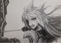 Rule 34 | 1girl, absurdres, ahoge, animal ears, arrow (projectile), atalanta (fate), bow (weapon), cat ears, cat tail, drawing bow, fang, fate/apocrypha, fate (series), gloves, highres, holding bow (weapon), long hair, monochrome, open mouth, solo, tail, weapon