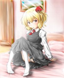 Rule 34 | 1girl, bed, blonde hair, blush, breasts, cameltoe, dress, embodiment of scarlet devil, female focus, hair ribbon, highres, aged up, open mouth, panties, pantyshot, red eyes, red star (toranecomet), ribbon, rumia, short hair, sitting, small breasts, socks, solo, touhou, underwear, white panties, white socks