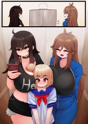 Rule 34 | 3girls, absurdres, ahoge, between breasts, blue eyes, breasts, brown hair, choker, clothes writing, cramped, elevator, english text, flat chest, gradient background, hair bun, head between breasts, heavy (the only shoe), highres, huge breasts, indoors, long hair, looking at phone, mole, mole under mouth, multiple girls, original, phone, sandwiched, shoe (the only shoe), shorts, simple background, standing, the only shoe, tisha tsuu