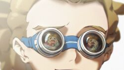 Rule 34 | 1boy, blonde hair, close-up, commentary, endou mamoru, goggles, highres, inazuma eleven (series), kidou yuuto, male focus, omisotayan, portrait, simple background, solo, symbol-only commentary, white background
