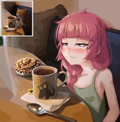 Rule 34 | 1girl, ahoge, blunt bangs, blush, bocchi the rock!, braid, cat, closed eyes, commentary, crown, cup, cushion, fang, food, hiroi kikuri, kurokimoko, long hair, mug, pastry, photo-referenced, photo inset, purple hair, reference inset, single braid, spoon, symbol-only commentary, table, tea