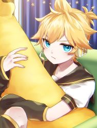 Rule 34 | 1boy, angry, arm warmers, banana, bass clef, black collar, blonde hair, blue eyes, collar, commentary, couch, curtains, food, fruit, headphones, headset, highres, holding, holding food, holding fruit, holding toy, indoors, kagamine len, leg warmers, looking at viewer, male focus, nail polish, pouty lips, sailor collar, school uniform, shirt, short ponytail, short sleeves, sitting, solo, soramame pikuto, spiked hair, star (symbol), star ornament, stuffed toy, toy, v-shaped eyebrows, vocaloid, white shirt, yellow nails