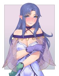 Rule 34 | 1girl, alternate costume, asymmetrical gloves, bare shoulders, blue dress, blue eyes, blue hair, blue lips, blush, breasts, capelet, collarbone, commentary request, cosplay, criss-cross halter, dress, fate/grand order, fate/stay night, fate (series), gloves, green gloves, halter dress, halterneck, highres, hikichi sakuya, lipstick, long hair, makeup, medea (fate), medea (lily) (fate), medea (lily) (fate) (cosplay), medium breasts, mismatched gloves, nose blush, pointy ears, purple gloves, see-through, sidelocks, solo, upper body