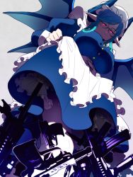 Rule 34 | 1girl, apron, ar-15, blue hair, breasts, clothes lift, commentary request, dragon girl, dragon horns, dragon wings, dress, dress lift, frills, glasses, gun, handgun, hat, horns, large breasts, lifted by self, maid, maid day, melusine (housamo), pistol, pointy ears, red eyes, rifle, short hair, short hair with long locks, simple background, solo, tokyo houkago summoners, walther, walther p38, weapon, weapon request, wen (panda), white background, wings