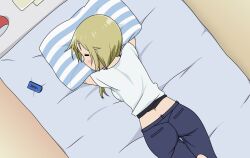Rule 34 | 1girl, ass, back, blonde hair, breast press, cellphone, dutch angle, from above, highres, ichii yui, lying, midriff peek, on bed, on stomach, phone, pillow, screencap, short hair, sleeping, solo, yuyushiki