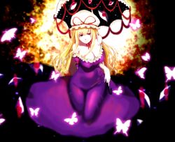 Rule 34 | 1girl, abstract background, arm behind back, blhe, blonde hair, blurry, bow, breasts, bug, butterfly, choker, cleavage, dress, elbow gloves, covered erect nipples, gap (touhou), gloves, glowing butterfly, hair bow, hat, hat ribbon, hip focus, impossible clothes, impossible dress, bug, large breasts, light trail, long hair, looking at viewer, mob cap, off-shoulder dress, off shoulder, purple dress, purple eyes, red eyes, ribbon, ribbon choker, ribbon trim, short sleeves, sitting, smile, solo, thighs, touhou, umbrella, very long hair, yakumo yukari