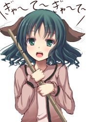 Rule 34 | 1girl, animal ears, broom, colored eyelashes, ear flapping, ear wiggle, fang, female focus, green eyes, green hair, highres, ixen-fei, kasodani kyouko, matching hair/eyes, open mouth, pink shirt, shirt, simple background, solo, touhou, upper body