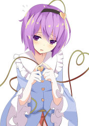 Rule 34 | 1girl, 9150namihana, absurdres, blouse, blue shirt, commentary request, flying sweatdrops, frilled shirt collar, frilled sleeves, frills, hair between eyes, head tilt, heart, heart of string, highres, komeiji satori, long sleeves, open mouth, own hands together, purple eyes, purple hair, shirt, short hair, simple background, solo, touhou, upper body, white background