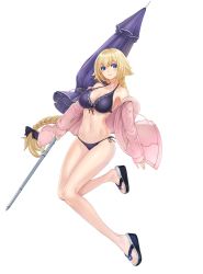 Rule 34 | 1girl, bikini, black bow, blonde hair, blue bikini, blue eyes, blush, bow, braid, breasts, cleavage, closed mouth, collarbone, fate/grand order, fate (series), front-tie bikini top, front-tie top, full body, hair bow, highres, hood, hoodie, jeanne d&#039;arc (fate), jeanne d&#039;arc (ruler) (fate), jeanne d&#039;arc (white cruising) (fate), large breasts, long hair, looking at viewer, mhg (hellma), navel, open clothes, open hoodie, revision, side-tie bikini bottom, sidelocks, simple background, single braid, slippers, smile, solo, swimsuit, tareme, thighs, transparent background, very long hair, white background