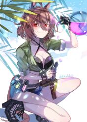 Rule 34 | 1girl, agnes tachyon (lunatic lab) (umamusume), agnes tachyon (umamusume), ahoge, aiha-deko, animal ears, artist name, belt, bikini, bikini under clothes, black bikini, black footwear, black gloves, boots, breasts, brown hair, cleavage, closed mouth, criss-cross halter, cutoffs, flask, full body, gloves, green eyes, green jacket, hair between eyes, halterneck, high heel boots, high heels, highres, holding, holding flask, horse ears, horse girl, horse tail, jacket, looking at viewer, navel, on one knee, plant, pouch, round-bottom flask, short hair, short shorts, short sleeves, shorts, single glove, small breasts, smile, solo, swimsuit, tail, thigh strap, tied jacket, umamusume