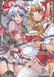 Rule 34 | 2girls, adapted costume, alternate costume, apron, back bow, bat wings, black apron, black bow, black thighhighs, blonde hair, blue hair, blush, bow, breasts, brooch, closed mouth, commentary, cowboy shot, crystal, enmaided, fang, fang out, flandre scarlet, frilled apron, frilled shirt collar, frilled skirt, frilled sleeves, frills, garter straps, green brooch, hair between eyes, hat, highres, jewelry, light smile, looking at viewer, maccha xxxxxx, maid, marker (medium), medium breasts, medium hair, mob cap, multiple girls, neck ribbon, one side up, open mouth, pink headwear, pink shirt, pink skirt, pointy ears, puffy short sleeves, puffy sleeves, red eyes, red ribbon, red skirt, remilia scarlet, ribbon, sample watermark, shirt, short sleeves, siblings, sisters, skirt, thighhighs, thighs, touhou, traditional media, waist apron, watermark, white apron, white bow, white headwear, white shirt, white thighhighs, wings, zettai ryouiki