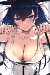 Rule 34 | 1girl, :3, animal ears, arknights, blaze (arknights), blue eyes, blue hair, blush, breasts, cleavage, closed mouth, collarbone, commentary request, dress, fingernails, hair between eyes, highres, kyuu (plastic night q), large breasts, long hair, looking at viewer, smile, solo, sweat, tail, white dress
