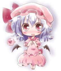 Rule 34 | 1girl, :d, bat wings, blue hair, blush, chibi, detached wings, dress, fang, female focus, hands on own chest, hat, hat ribbon, heart, muuba, open mouth, pink dress, pink eyes, puffy sleeves, remilia scarlet, ribbon, short sleeves, smile, solo, spoken heart, touhou, wings