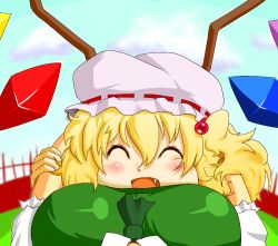 Rule 34 | 2girls, ^ ^, breast pillow, breasts, cheek squash, closed eyes, embodiment of scarlet devil, fang, female focus, flandre scarlet, hand on head, hat, hong meiling, jewelry, large breasts, multiple girls, open mouth, osatou, pov, smile, touhou, wings