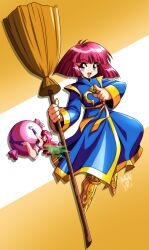 Rule 34 | 1990s (style), 2girls, blue robe, blunt bangs, bob cut, broom, cotton (character), cotton (game), danmakuman, fairy, fairy wings, full body, highres, holding, holding broom, long hair, long sleeves, looking at viewer, multiple girls, open mouth, pointing, pointing at viewer, red eyes, red hair, retro artstyle, robe, short hair, signature, silk (cotton), simple background, size difference, smile, wings, yellow footwear